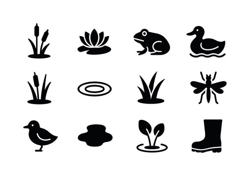 Wetlands Icon Set. Wetlands. Solid icon set of Wetlands: cattails, water lily, frog, duck, reeds, ripples, marsh grass, insect, bird, puddle, aquatic plant,