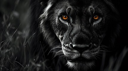 Majestic lion portrait with piercing amber eyes in dramatic black and white photography showcasing wild animal power and intensity in natural habitat. © Yuliia