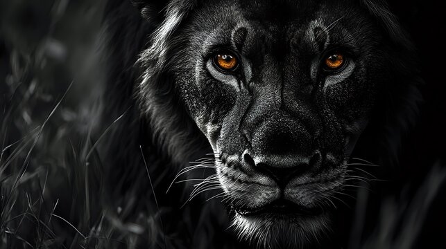 Majestic lion portrait with piercing amber eyes in dramatic black and white photography showcasing wild animal power and intensity in natural habitat.