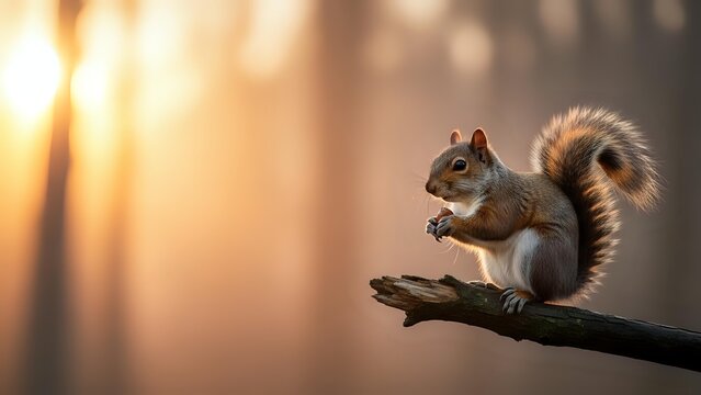 Cute gray squirrel sitting on tree branch eating nut in warm golden sunlight with blurred forest background for wildlife and nature themes.