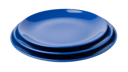 Photo of stacked blue glossy plates, isolated on transparent background, shot from above in setting.