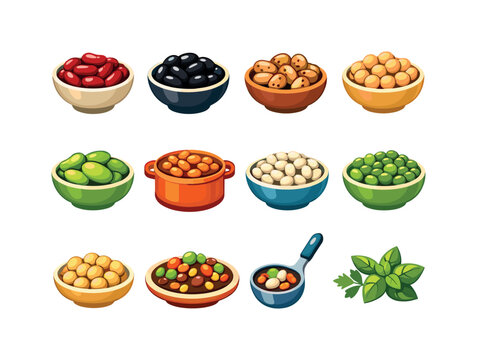 Colorful Beans Icons. Cooked Beans. Colorful flat vector icons set of Cooked Beans: boiled kidney beans, black beans bowl, pinto beans, chickpeas, lima beans,