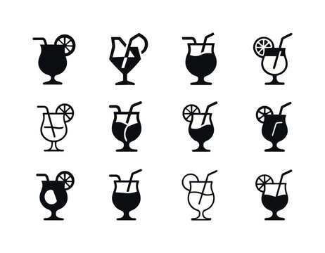 Party Drinks Icons. party drinks. Icon set. Set Logo of party drinks: fruity mocktail glass. harmonious logo variations of the same emblematic concept, each