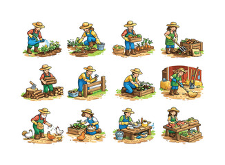 Farm Chore Icons. farm chores. Colorful isometric vector icons set of farm chores: watering plants, pulling weeds, harvesting veggies, mixing compost, stacking