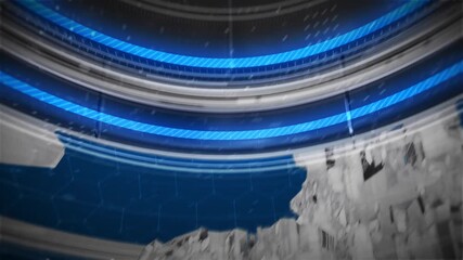Dynamic 3D news broadcast intro featuring a rotating stylized globe, spinning rings, and digital HUD elements on a dark sport blue background with the text NEWS