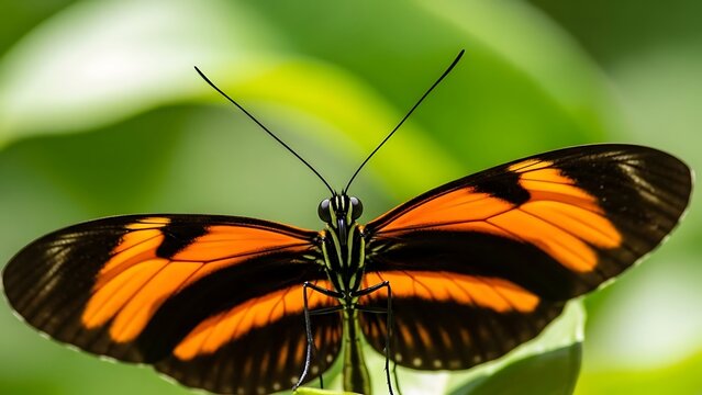 A butterfly with black and orange wings perched on a plant in a lush green environment viewed from directly above cool (364).jpg