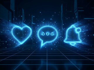 Glowing blue social media icons for likes, comments, and notifications in a digital futuristic setting.