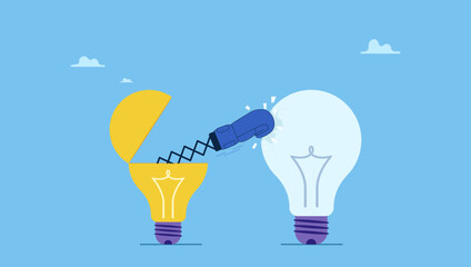 Bright open lightbulb idea with boxing glove to punch competitor. Pitching winner idea, disruption innovation or creativity to win business competition, business strategy or marketing.