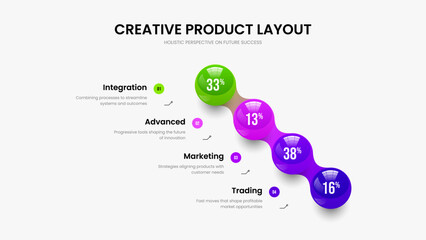 Colorful Profile Slideshow Layout Vector Illustration. Investor Innovation 4 Option Chart Slide Design. Company Portfolio Four Element Graph Presentation Template.