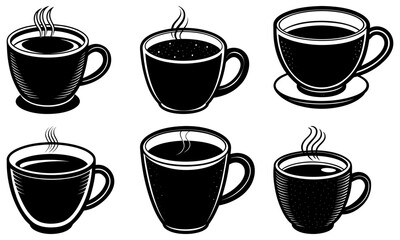 Obraz premium Six black coffee cups with steam on white background