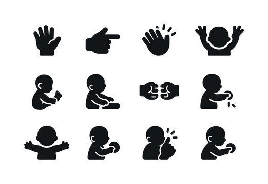 Baby Gesture Icons. Baby gestures. Solid icon set of baby gestures: waving hand, pointing finger, clapping hands, reaching upward, touching foot, patting