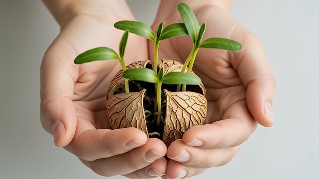 Hands holding a walnut shell with young plants growing inside.