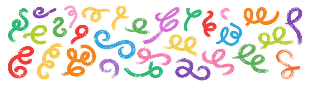 Bold hand drawn colorful curved lines and swirled brush strokes, playful grunge doodle scribbles and squiggles vector set on transparent background