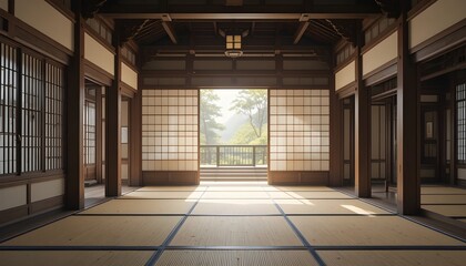 The interior of a traditional Japanese castle features tatami mats, shoji paper sliding doors, wooden pillars, minimalist royal design, gentle natural light, Edo period architecture, great detail, sup