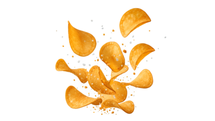 Toss of potato chips, broken, pieces and salt, isolated on transparent background, from top up angle