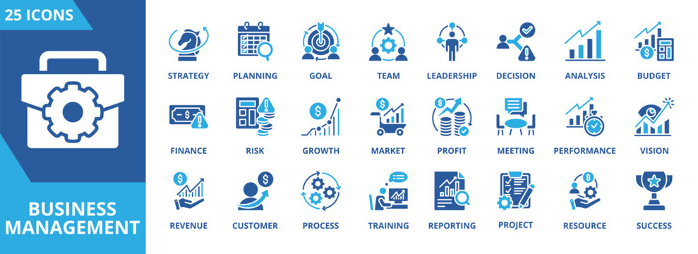 Business management icon collection set. Containing planning, strategy, goal, team, leadership, decision, analysis, budget icon. Simple flat vector