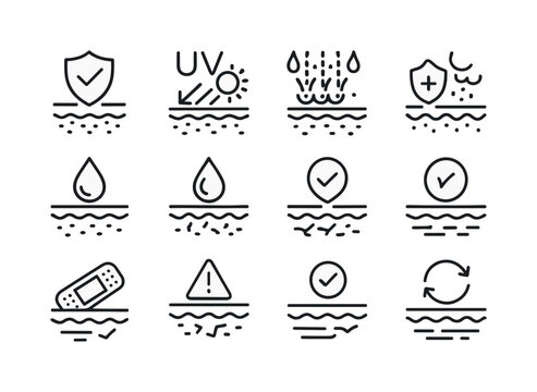 Skin Protection Icons. Skin protection. Line icon set of Skin protection: protective shield, UV rays symbol, melanin icon, barrier layer, hydration droplet,