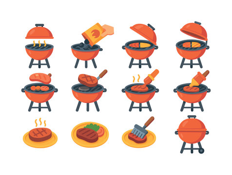 BBQ Grilling Stages Icons. BBQ grilling stages. Colorful flat vector icons set of BBQ grilling stages: preheating grill, adding charcoal, adjusting vents,