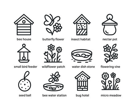 Pollinator-Friendly Urban Icons. Urban farming. Line icon set of pollinator-friendly elements: bee house, butterfly flower, insect habitat box, nectar pot,