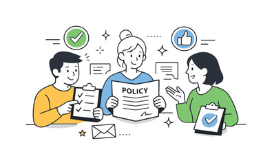 Team Policy Review. Internal policy alignment. Employees reviewing company rules together with documents and approval icons. Shared understanding and