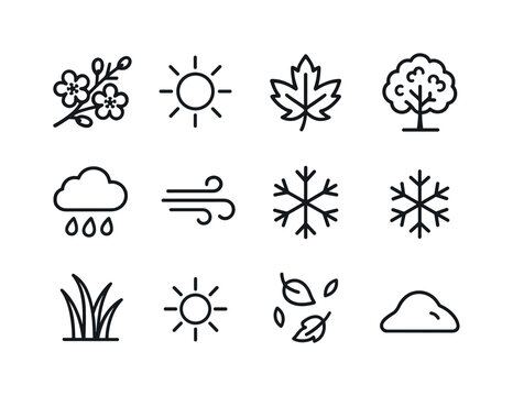 Valley Seasons Icon Set. Seasons in the Valley. Line icon set of Seasons in the Valley: spring blossoms, summer sun, autumn leaf, winter snowflake, rain cloud,
