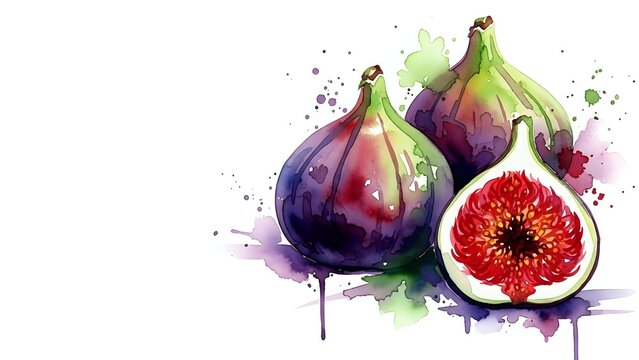 Fresh figs with watercolor splashes on white background. Whole and sliced purple fruit showing red flesh. Organic healthy food illustration.