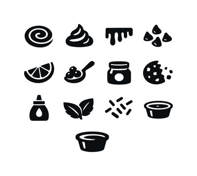 Dessert Toppings Icons. Dessert toppings. Solid icon set of Dessert toppings: jam swirl, whipped cream dollop, caramel drizzle, chocolate chips, fruit slice,