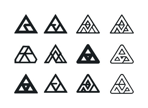 Geometric Icon Grid. Geometric composition. Icon set. Set Logo of Geometric composition: Interlocking triangles: Flat solid, Negative space, Stylized detail,