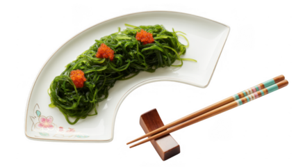Seaweed salad on white plate with chopsticks food Japanese cuisine isolated on a transparent background