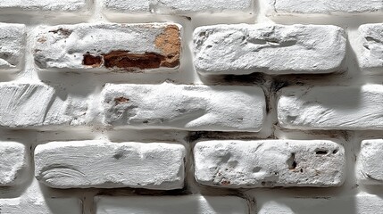 Old white brick wall texture background. Weathered masonry surface with chipped paint and deep shadows. Grunge loft interior design pattern