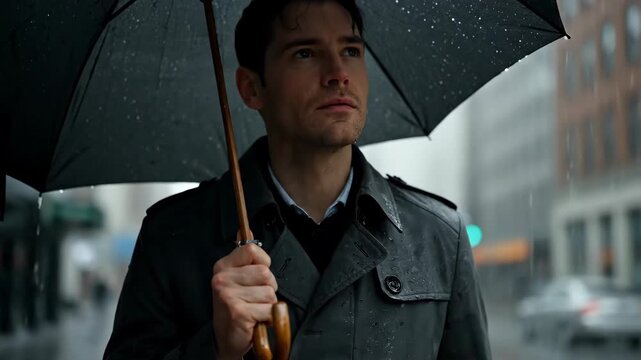 A man in a dark coat and umbrella walks on a rainy city street. The rain is falling heavily