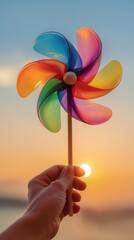 Naklejka premium Hand holding a windmill rotating colored plastic with blowing wind against a sunset sky with green energy concept