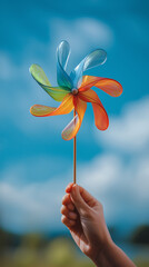 Fototapeta premium Hand holding a windmill rotating colored plastic with blowing wind against a blue sky with green energy concept. Symbol of freedom and life