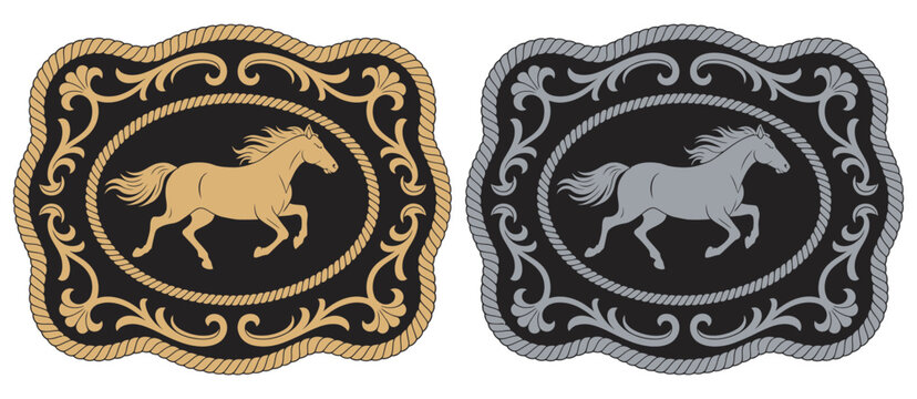 Horse label belt buckle wild western rodeo ranch cowboy style tag design, gold and silver stylized silhouette vector, equestrian motifs, country artwork, rustic western graphics illustration.