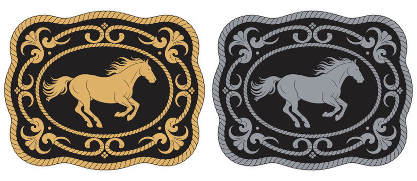 Horse label belt buckle design, wild western rodeo ranch cowboy style tag, gold and silver vector, stylized silhouette, equestrian motifs, country artwork, rustic western graphics.