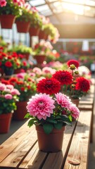 Rows of vibrant pink and red flowers in brown pots, bathed in sunlight in a greenhouse interior