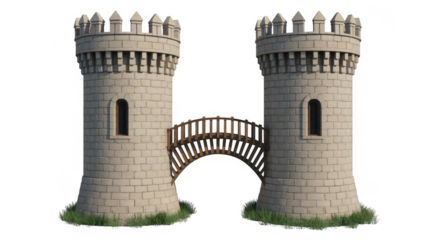 Two stone towers with bridge and grass castle medieval isolated on a transparent background