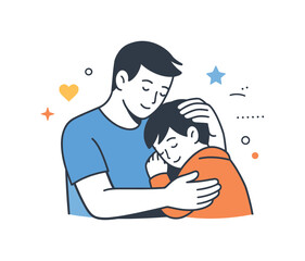 Obraz premium Comforting Fatherly Embrace. Father and child support. A father comforting a child with a gentle gesture. Feeling of trust, care, and emotional safety.