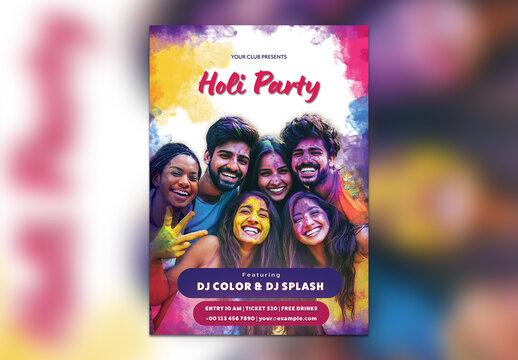 Editable Holi Party Invitation Flyer Design with Indian People Celebrating Festival on Color Splash Background.