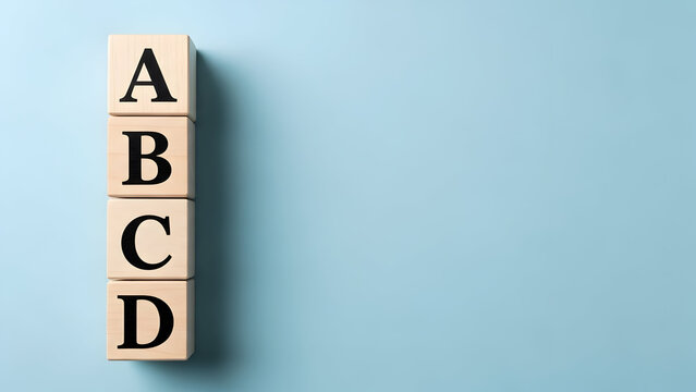Captivating stock photo displaying four wooden blocks, each adorned with a letter, creatively arranged on a vibrant blue backdrop for commercial use now.