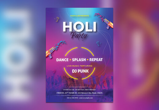 Editable Holi Party Flyer Design with Event Details and People Dancing Silhouette on Gradient Background.