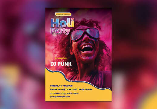 Editable Holi Party Flyer Design with Indian Woman Celebrating Festival of Colors in Pink and Yellow Theme.