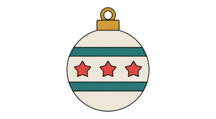 White Christmas Ornament with Green Stripes and Red Stars isolated on a transparent background
