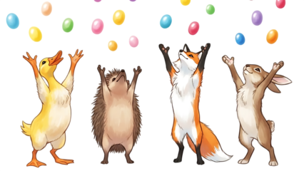 Easter sunday celebration with dancing animals isolated on transparent background