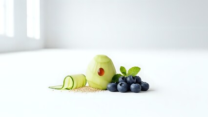 Fresh green apple with spiral peel alongside dark blueberries and mint leaves on clean white surface for healthy eating and nutrition concepts.