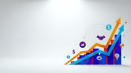 Colorful business growth chart with upward arrows and financial icons showing profit increase and success metrics on clean white background.