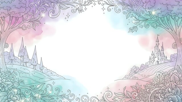Fairy tale fantasy landscape frame with castles and ornate floral borders in pastel watercolor gradient for storybook design and magical themed projects.