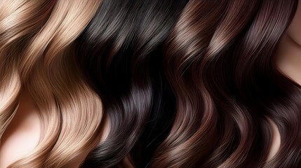 Naklejka premium Luxurious wavy hair strands in rich brown, blonde and black tones showcasing natural shine and texture for beauty salon and haircare concepts.