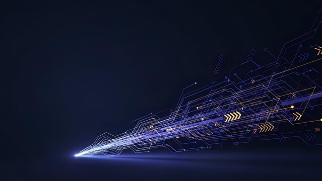 Digital technology network with glowing blue lines and geometric patterns creating futuristic data flow visualization on dark background.