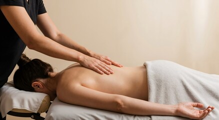 Obraz premium Woman receiving a back massage in a spa salon. Female therapist massaging girl body. Relax, wellness and health concept.